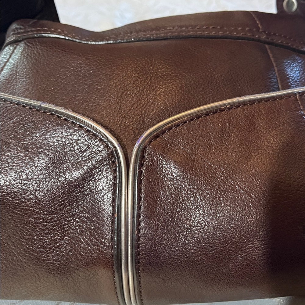 B. Makowsky Dark Brown Slouchy Brown Leather HoBo Shoulder Bag Metallic Details - Picture 7 of 17